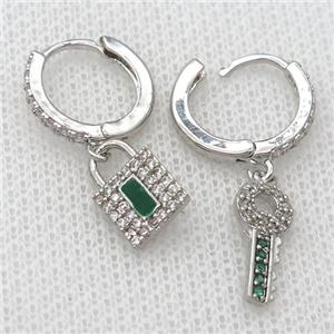 copper Hoop Earrings pave zircon with Key Lock, platinum plated, approx 8-15mm, 14mm dia [FN20417]