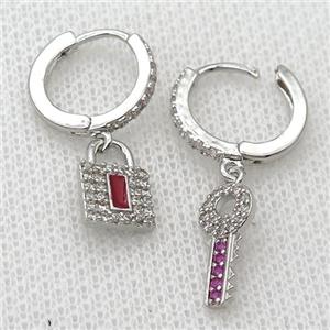 copper Hoop Earrings pave zircon with Key Lock, platinum plated, approx 8-15mm, 14mm dia [FN20418]