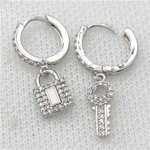copper Hoop Earrings pave zircon with Key Lock, platinum plated, approx 8-15mm, 14mm dia [FN20419]