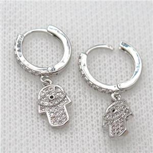 copper Hoop Earrings pave zircon with hamsahand, platinum plated, approx 7-11mm, 14mm dia [FN20420]