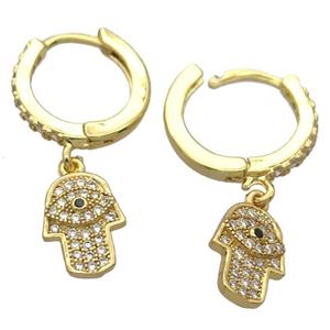 copper Hoop Earrings pave zircon with hamsahand, gold plated, approx 7-11mm, 14mm dia [FN20421]