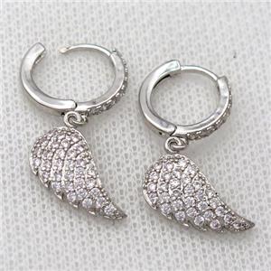 copper Hoop Earrings pave zircon with angelwings, platinum plated, approx 8-16mm, 14mm dia [FN20422]