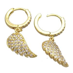 copper Hoop Earrings pave zircon with angelwings, gold plated, approx 8-16mm, 14mm dia [FN20423]