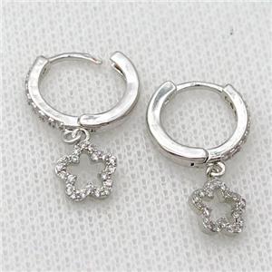 copper Hoop Earrings pave zircon with flower, platinum plated, approx 8mm, 14mm dia [FN20424]