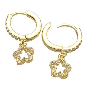 copper Hoop Earrings pave zircon with flower, gold plated, approx 8mm, 14mm dia [FN20425]