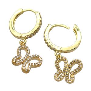 copper Hoop Earrings pave zircon with butterfly, gold plated, approx 10-11mm, 14mm dia [FN20427]