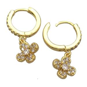 copper Hoop Earrings pave zircon with clover, gold plated, approx 10mm, 14mm dia [FN20428]