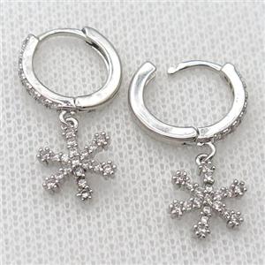 copper Hoop Earrings pave zircon with snowflake, platinum plated, approx 10mm, 14mm dia [FN20429]