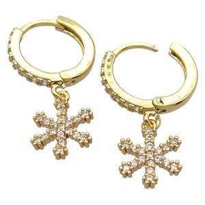 copper Hoop Earrings pave zircon with snowflake, gold plated, approx 10mm, 14mm dia [FN20430]