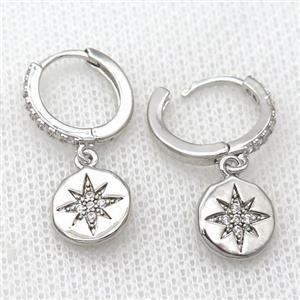 copper Hoop Earrings pave zircon with northstar, platinum plated, approx 10mm, 14mm dia [FN20431]