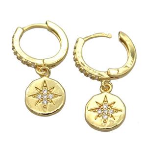 copper Hoop Earrings pave zircon with northstar, gold plated, approx 10mm, 14mm dia [FN20432]