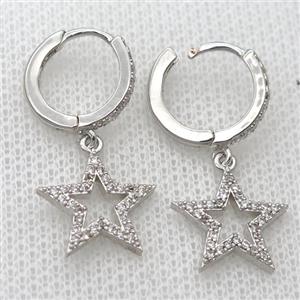 copper Hoop Earrings pave zircon with star, platinum plated, approx 14mm, 14mm dia [FN20435]