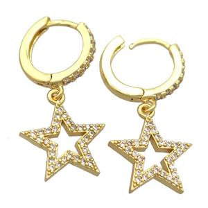 copper Hoop Earrings pave zircon with star, gold plated, approx 14mm, 14mm dia [FN20436]