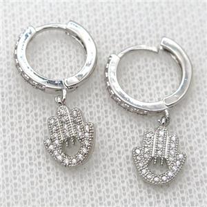copper Hoop Earrings pave zircon with hamsahand, platinum plated, approx 8-10mm, 14mm dia [FN20437]