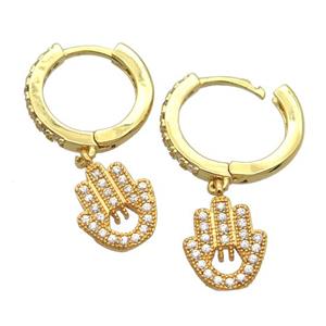copper Hoop Earrings pave zircon with hamsahand, gold plated, approx 8-10mm, 14mm dia [FN20438]
