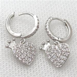 copper Hoop Earrings pave zircon with heart, platinum plated, approx 11-14mm [FN20439]