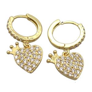 copper Hoop Earrings pave zircon with heart, gold plated, approx 11-14mm [FN20440]