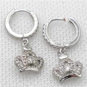 copper Hoop Earrings pave zircon with crown, platinum plated, approx 10-11mm, 14mm dia [FN20441]