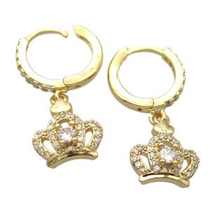 copper Hoop Earrings pave zircon with crown, gold plated, approx 10-11mm, 14mm dia [FN20442]