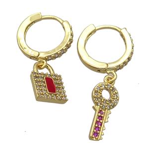 copper Hoop Earrings pave zircon with keyLock, gold plated, approx 8-15mm, 14mm dia [FN20443]