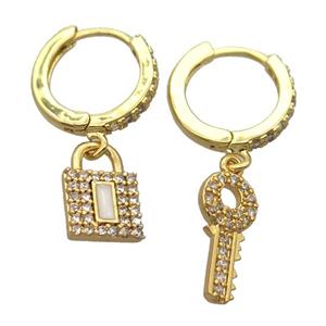 copper Hoop Earrings pave zircon with keyLock, gold plated, approx 8-15mm, 14mm dia [FN20447]