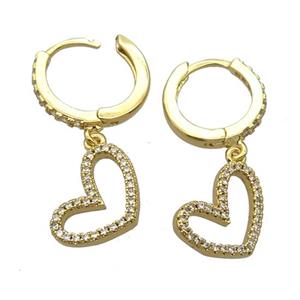 copper Hoop Earrings pave zircon with heart, gold plated, approx 10-14mm, 14mm dia [FN20448]