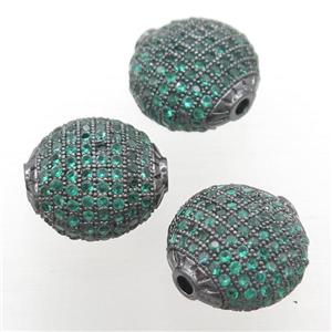 copper coin beads paved green zircon, black plated, approx 15mm dia [FN20450]