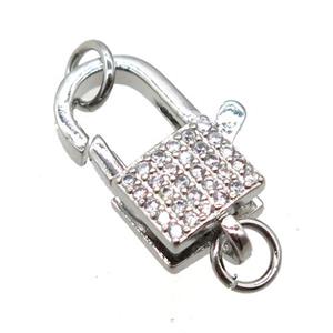 copper Lobster Clasp pave zircon, platinum plated, approx 12-16mm [FN20461]