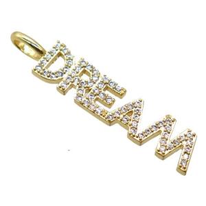 copper DREAM pendant pave zircon, letter, gold plated, approx 6x30mm [FN20478]