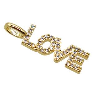copper LOVE pendant pave zircon, letter, gold plated, approx 6x20mm [FN20479]