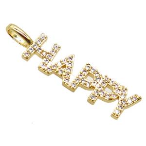 copper HAPPY pendant pave zircon, letter, gold plated, approx 6x25mm [FN20480]