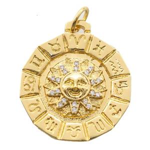 copper circle Pendant paved zircon, Zodiac, gold plated, approx 22mm dia [FN20483]