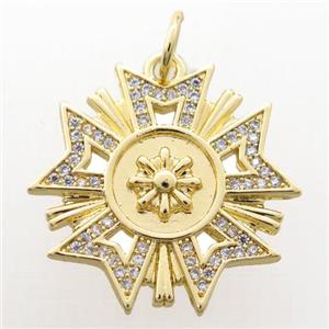 copper Compass pendant pave zircon, gold plated, approx 23mm dia [FN20484]