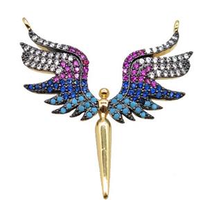 copper angel wing pendant pave zircon with 2loops, gold plated, approx 32-35mm [FN20491]