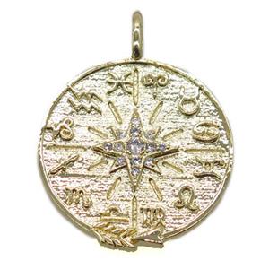copper circle pendant pave zircon, compass, gold plated, approx 22mm dia [FN20499]