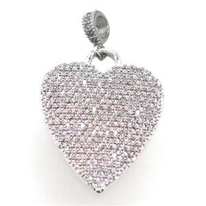 copper heart pendant pave zircon, platinum plated, approx 21-25mm [FN20504]