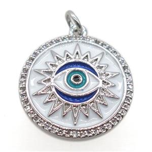 copper circle pendant pave zircon, enamel, eye, platinum plated, approx 19mm dia [FN20512]