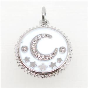 copper circle pendant pave zircon, white enamel, moon, platinum plated, approx 16mm dia [FN20515]
