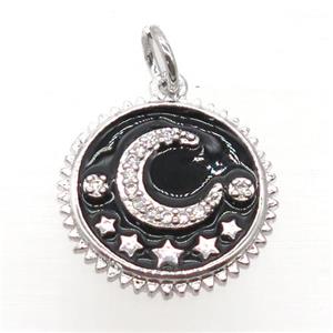 copper circle pendant pave zircon, black enamel, moon, platinum plated, approx 16mm dia [FN20516]