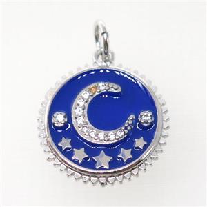 copper circle pendant pave zircon, blue enamel, moon, platinum plated, approx 16mm dia [FN20517]