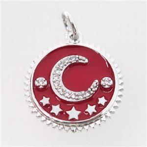 copper circle pendant pave zircon, red enamel, moon, platinum plated, approx 16mm dia [FN20518]