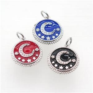 copper circle pendant pave zircon, enamel, moon, platinum plated, mix, approx 16mm dia [FN20519]