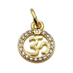 copper circle pendant pave zircon with Om symbol, gold plated, approx 9mm dia [FN20554]