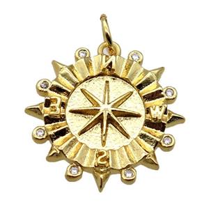copper Compass pendant pave zircon, gold plated, approx 18mm dia [FN20570]