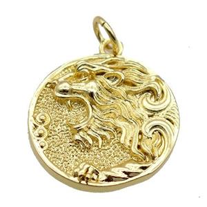 copper circle pendant, tiger, gold plated, approx 18mm dia [FN20571]