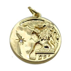 copper circle pendant pave zircon, dragon, gold plated, approx 18mm dia [FN20572]