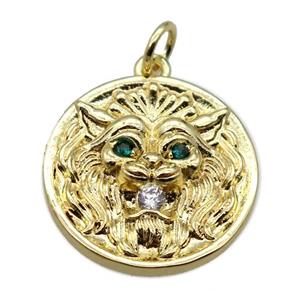 copper circle pendant pave zircon, dragon, gold plated, approx 18mm dia [FN20573]
