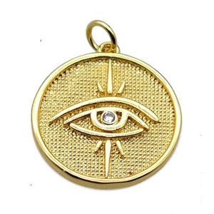 copper circle pendant pave zircon, eye, gold plated, approx 20mm dia [FN20574]