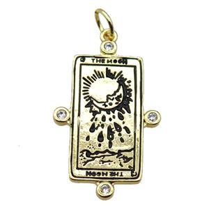 copper rectangle tarot card pendant pave zircon, moonface, gold plated, approx 18-30mm [FN20580]