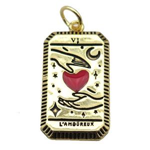 copper rectangle tarot card pendant pave zircon, red heart, gold plated, approx 14-25mm [FN20582]